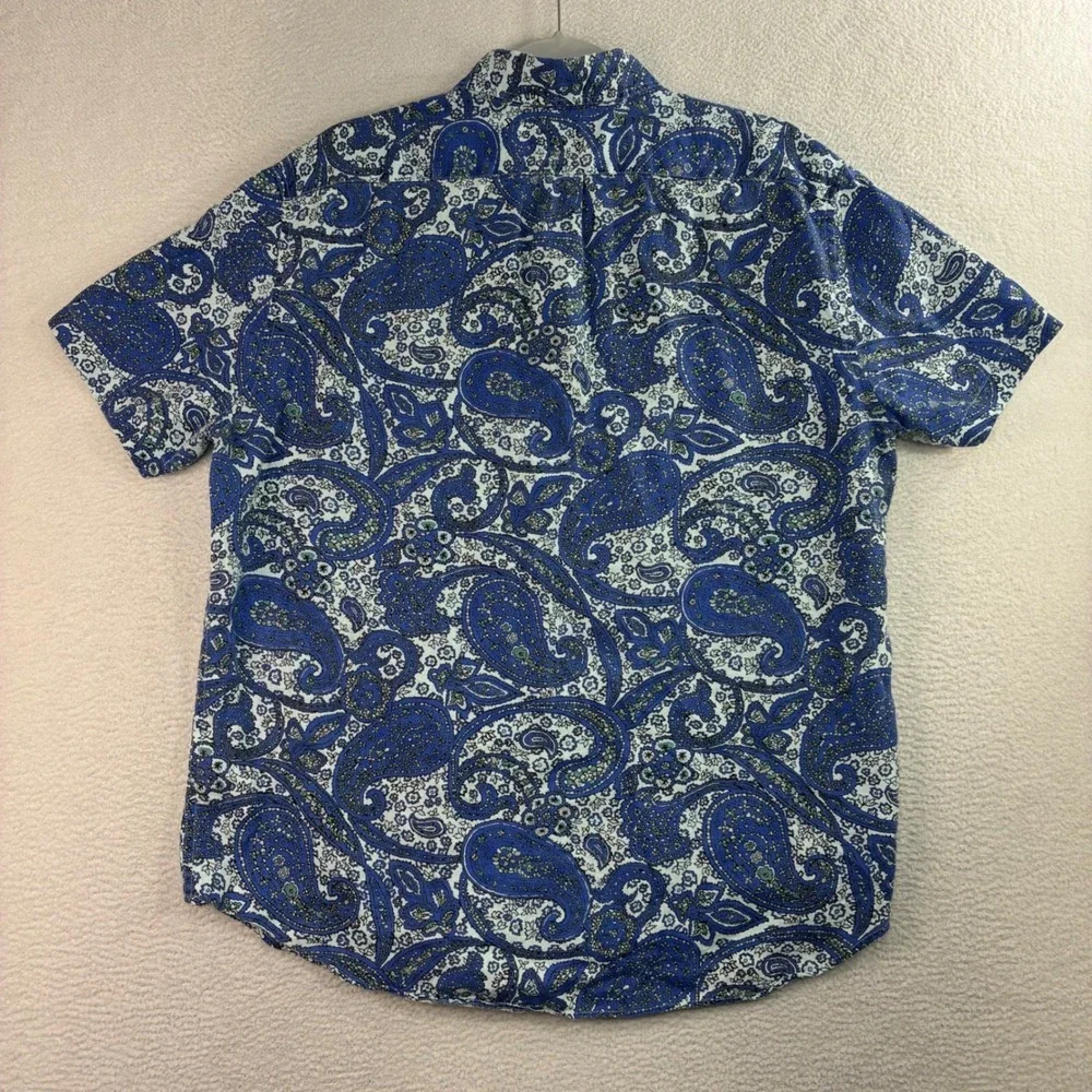 J Crew Linen Button Shirt Men‎ L Blue Paisley AOP Summer Beach Vacation Short